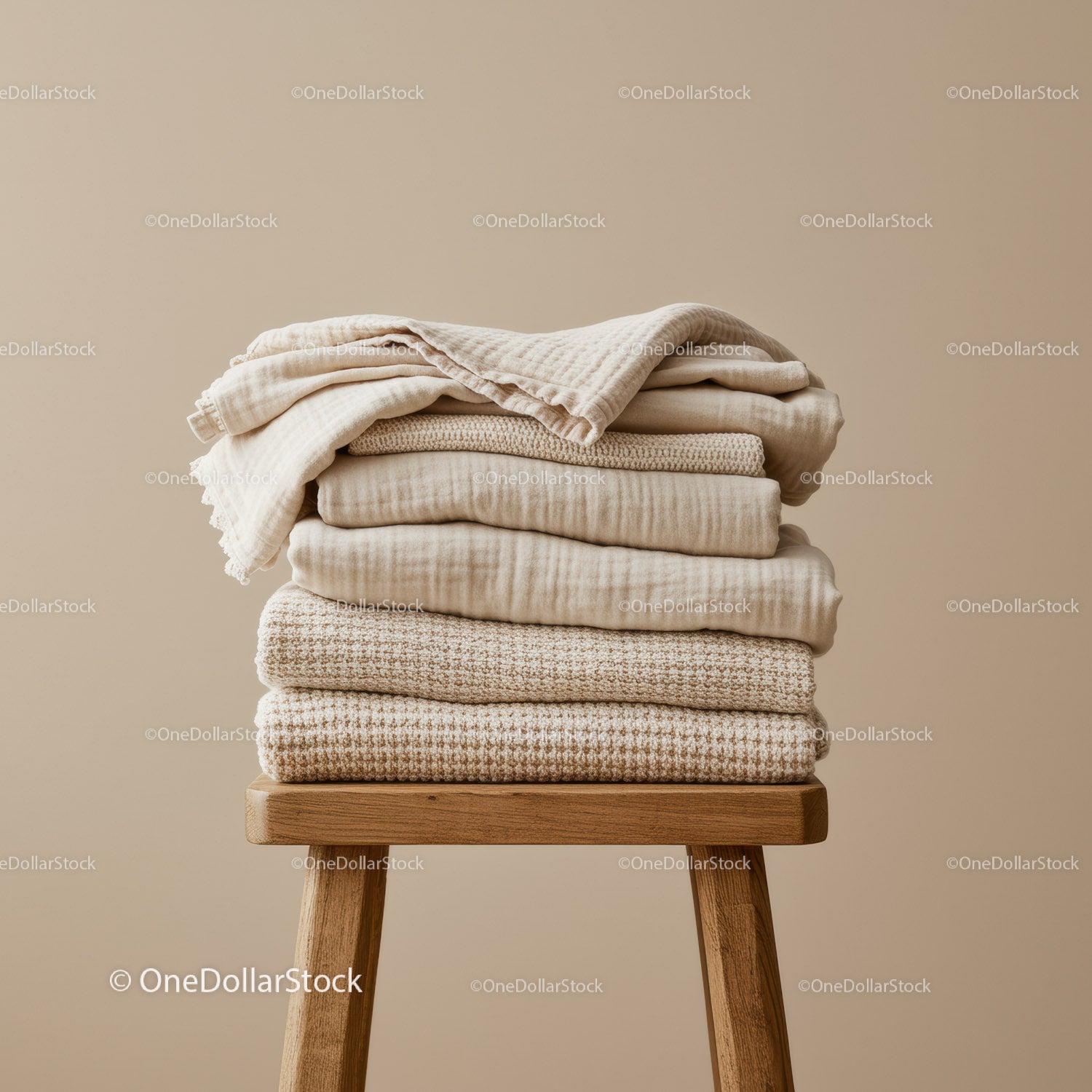 Stack of neutral toned cozy folded blankets on stool