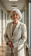 Elegant Senior Woman in Business Attire Standing in Modern Office