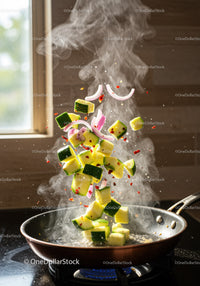 Fresh zucchini and onion tossed in sizzling pan