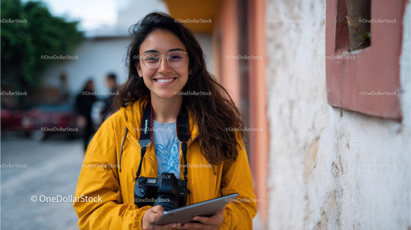 Young Woman Enjoying Photography Outdoors with Camera and Tablet