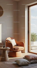 Cozy modern armchair with pillows by sunlit window