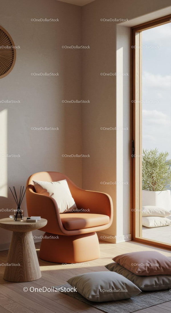 Cozy modern armchair with pillows by sunlit window