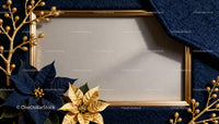 Elegant Gold Frame with Festive Dark Blue and Gold Poinsettias