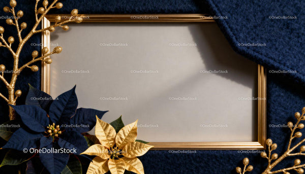Elegant Gold Frame with Festive Dark Blue and Gold Poinsettias
