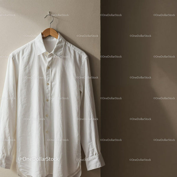 White button-up shirt hanging on wooden hanger JPG Mockup Image