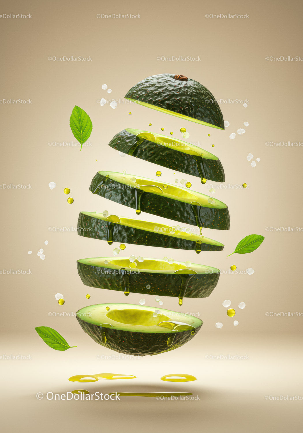 Fresh sliced avocado with oil and basil leaves