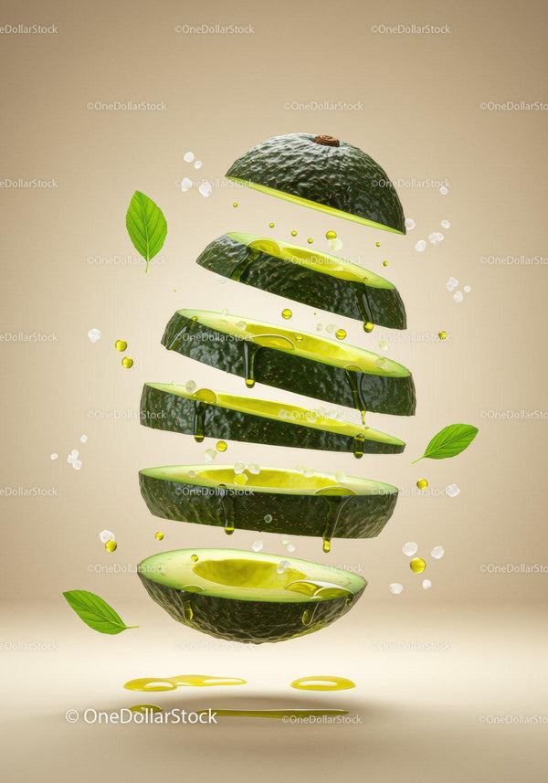 Fresh sliced avocado with oil and basil leaves