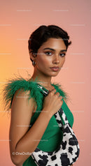 Young Woman in Green Top with Feathers and Animal Print Bag