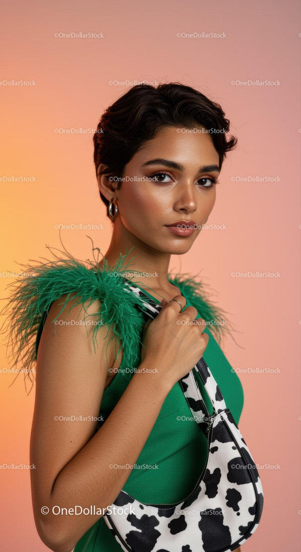 Young Woman in Green Top with Feathers and Animal Print Bag