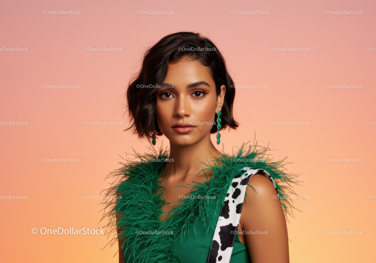 Elegant Woman in Green Feathered Dress with Stylish Accessories