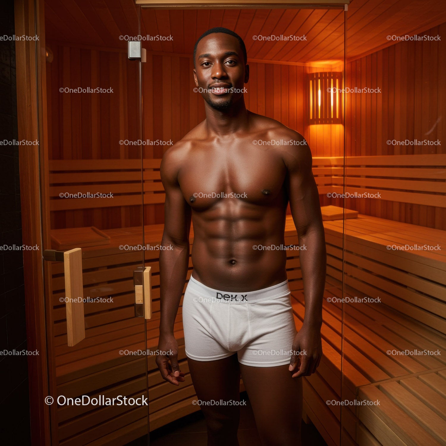 Fit Man Relaxing in Modern Sauna with Warm Wooden Interior