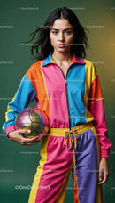 Colorful Sportswear Woman Holding Soccer Ball Shot