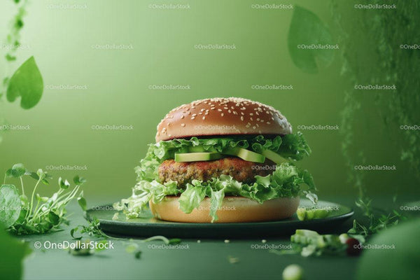 Soczysty świeży hamburger z sałatą i ogórkiem na czarnym talerzu