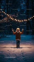 Child Enjoying Snowfall Beneath Festive String Lights