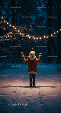 Child Enjoying Snowfall Beneath Festive String Lights