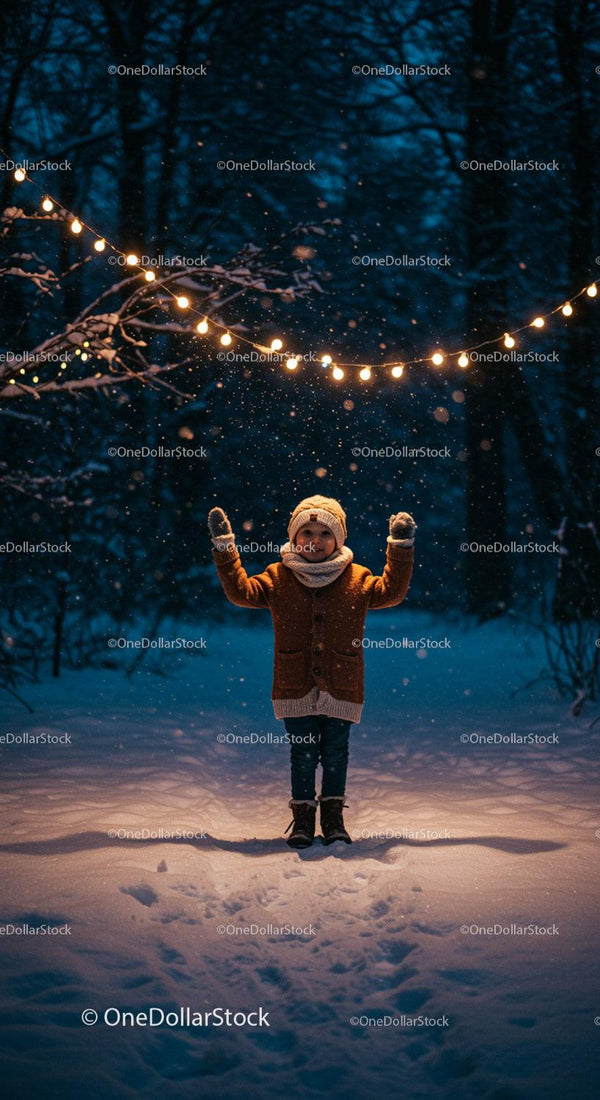 Child Enjoying Snowfall Beneath Festive String Lights