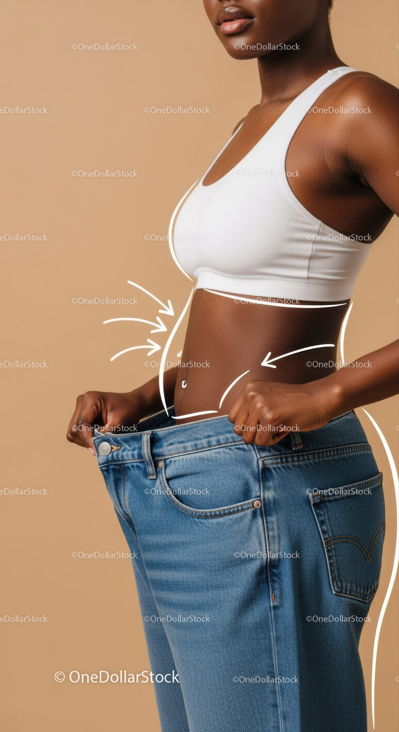 Woman Measuring Waist in Casual Jeans for Weight Loss Progress