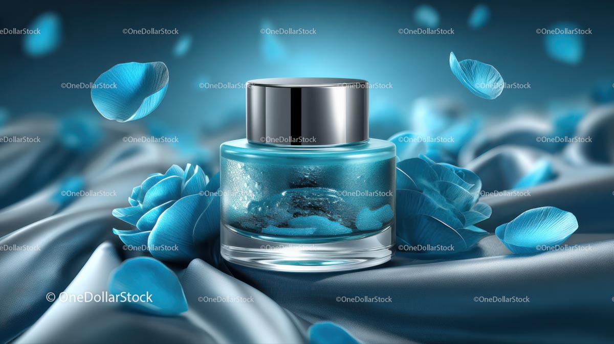 Elegant Blue Cosmetic Jar Among Delicate Petals