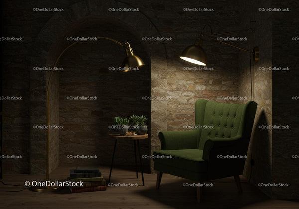 Cozy green armchair nook with warm lighting and plants