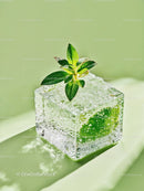 Fresh mint embedded in a clear ice cube on green surface