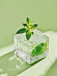Fresh mint embedded in a clear ice cube on green surface