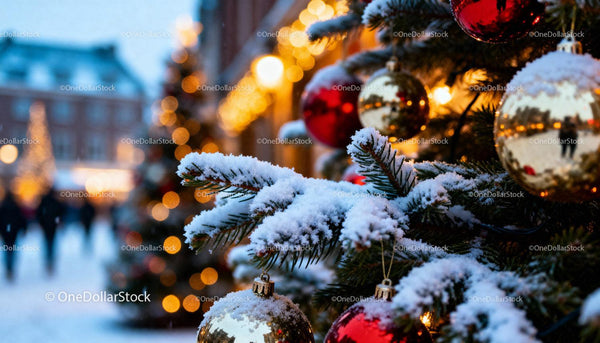 Snowy Christmas tree decorated with shiny baubles