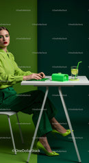 Stylish Woman in Green with Refreshing Drink in Modern Workspace