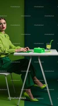 Stylish Woman in Green with Refreshing Drink in Modern Workspace