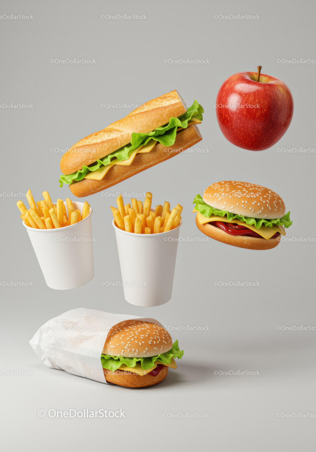 Classic fast food meal with fries, burgers, and apple
