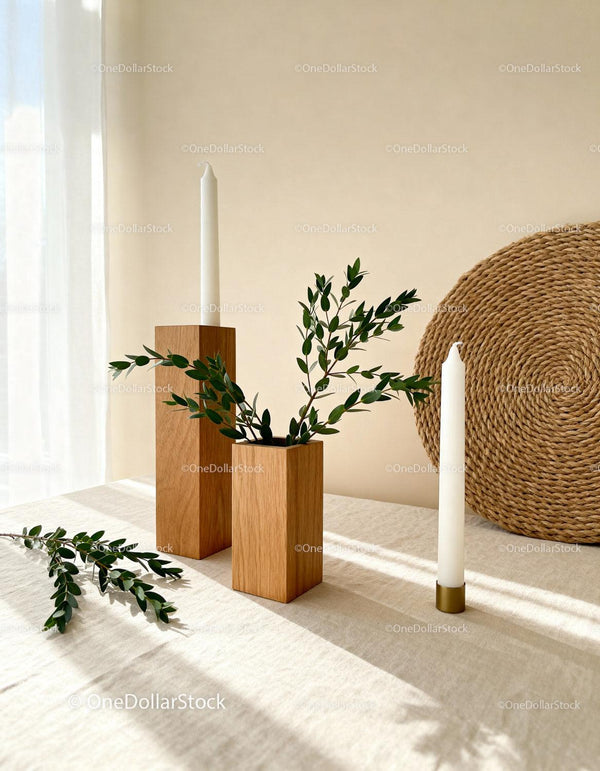 Minimalist wooden candle holders with green foliage