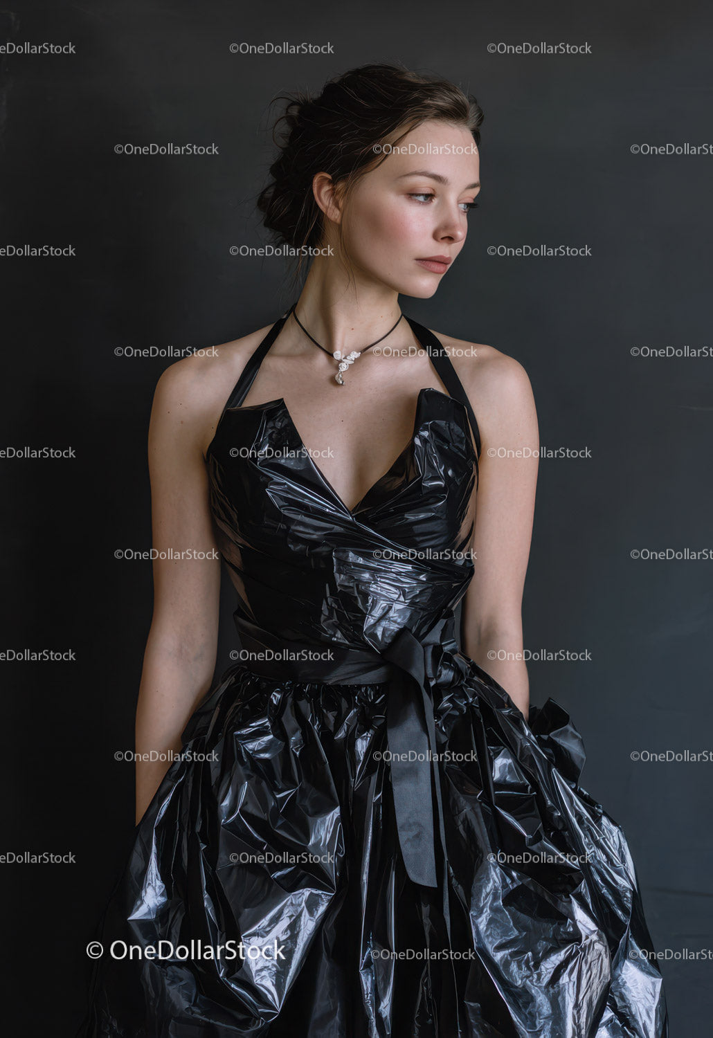 Elegant Woman in Black Plastic Dress Posing Against Dark Background