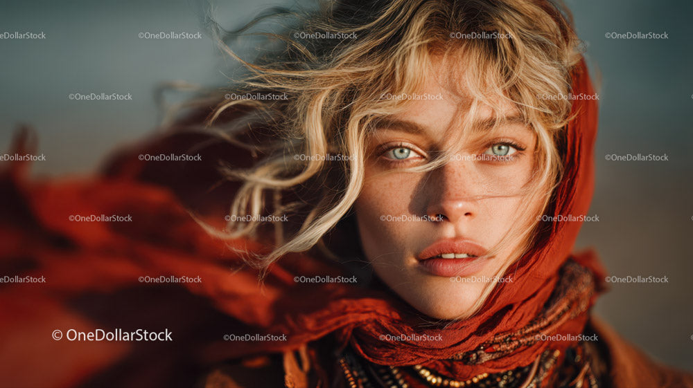 Close-up of a Woman with Wind-blown Blonde Hair and Blue Eyes in Red Scarf