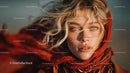 Close-up of a Woman with Wind-blown Blonde Hair and Blue Eyes in Red Scarf