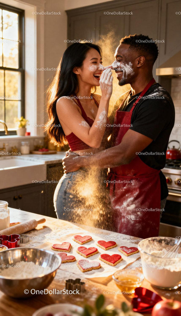 Couple Playfully Baking Heart Cookies Together at Home