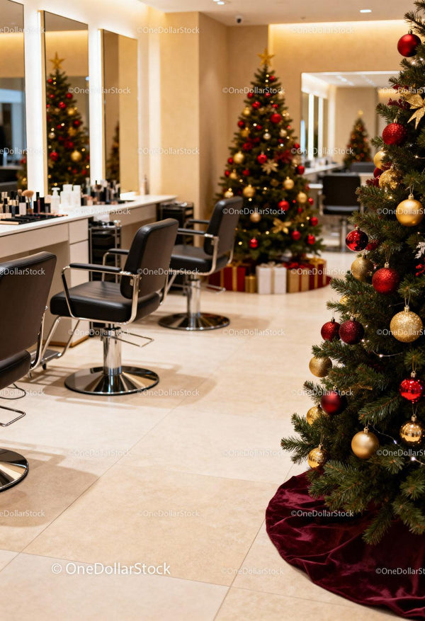 Holiday decorated salon with modern styling chairs