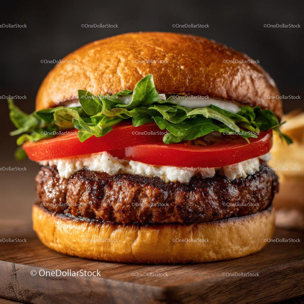 Soczysty burger wołowy ze świeżą sałatą i pomidorem na opieczonej bułce
