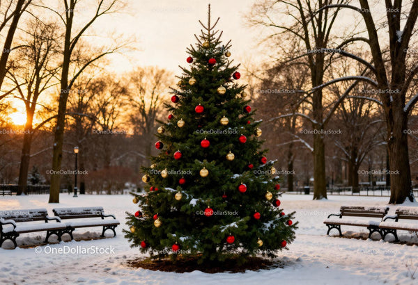 Decorated Christmas Tree in Snowy Park at Sunset
