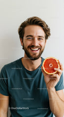 Happy Young Man with Smile Holding Juicy Grapefruit Citrus Fruit