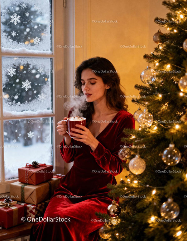 Woman enjoying hot cocoa by decorated Christmas tree