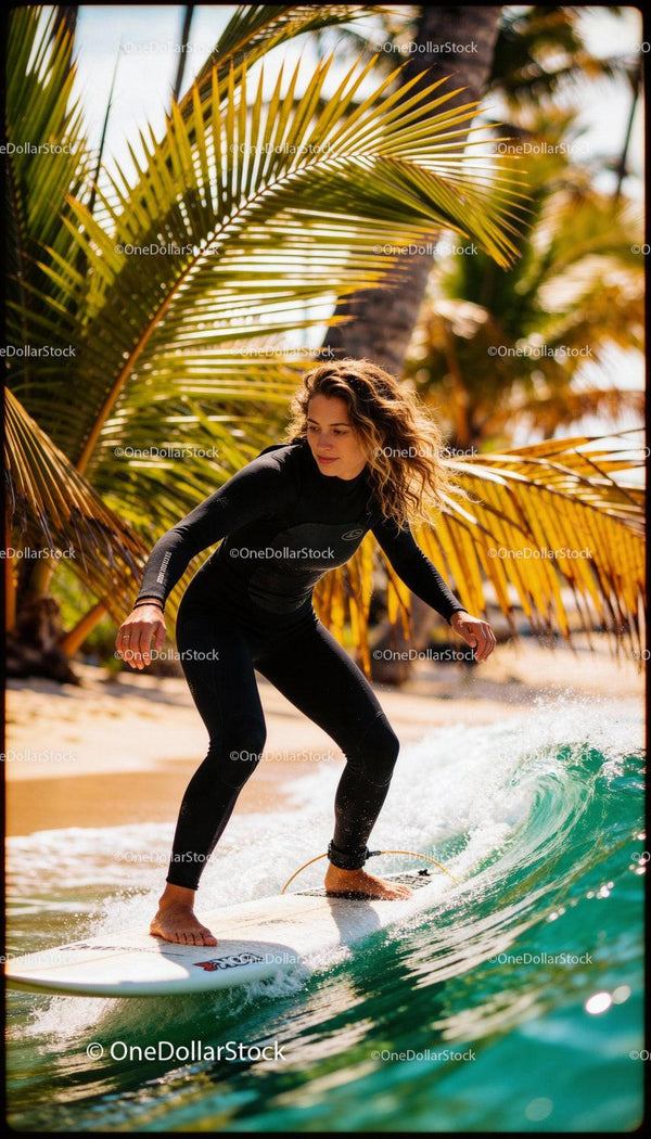 Woman surfing on vibrant tropical beach waves