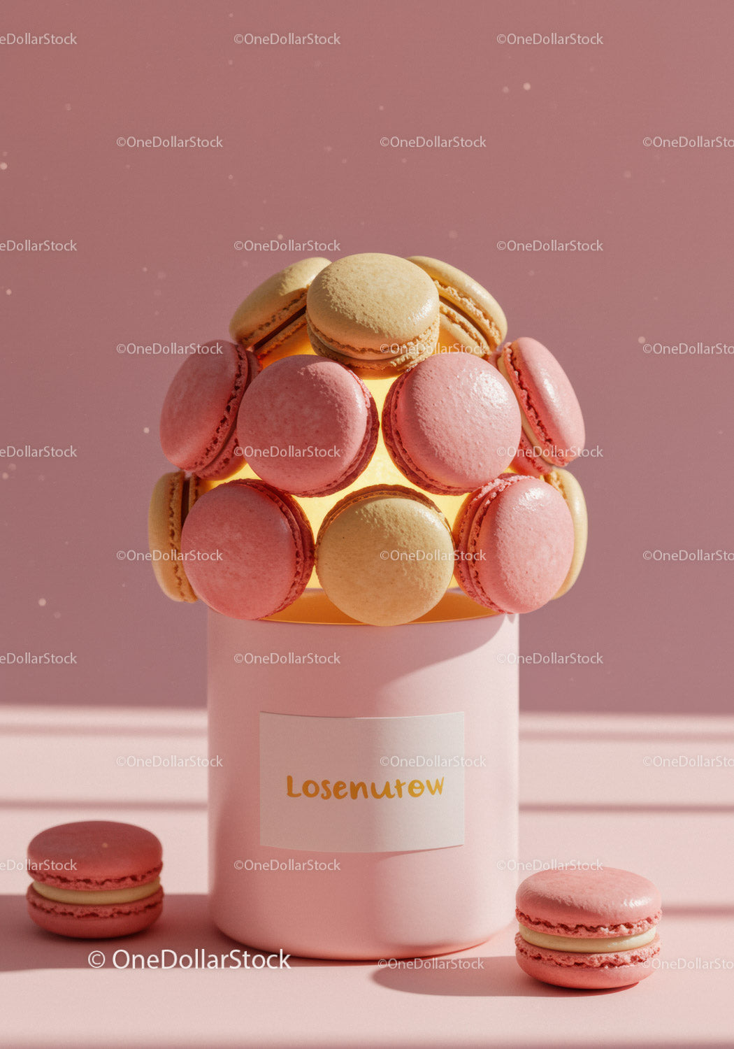 Kreatywny bukiet makaroników w pastelowo-różowym pojemniku
