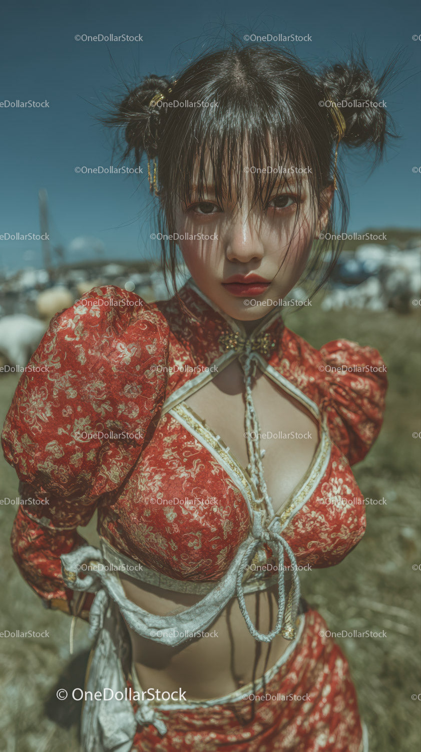 Young Woman in Red Floral Dress with Stylish Hairstyle Outdoors