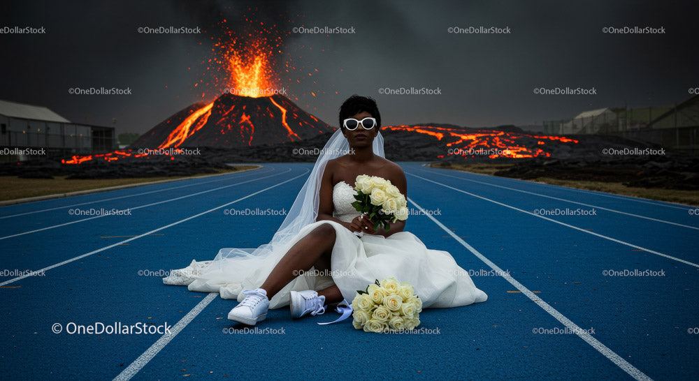 Bride in Wedding Dress Amidst Erupting Volcano