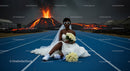 Bride in Wedding Dress Amidst Erupting Volcano