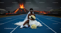 Bride in Wedding Dress Amidst Erupting Volcano