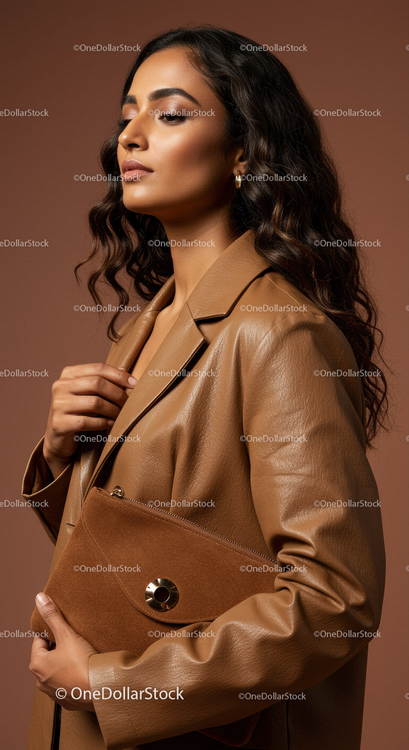Elegant Woman in Leather Jacket Holding Clutch Bag Stylish Fashion Portrait