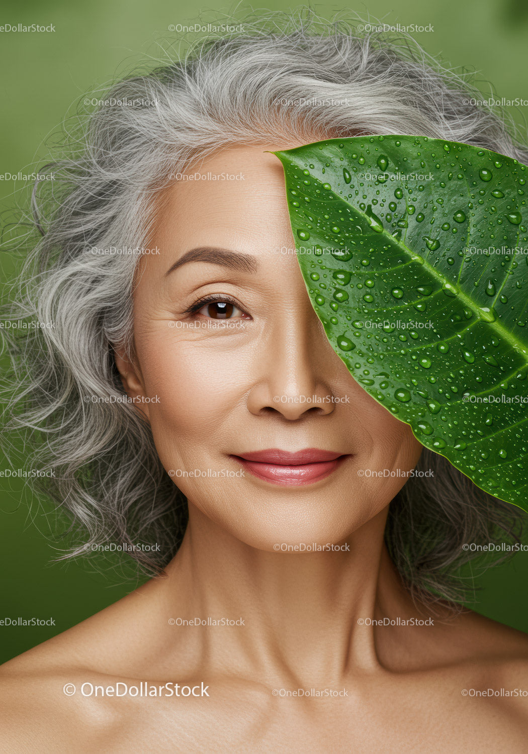 Elderly Woman Smiling with Large Green Leaf Covering One Eye