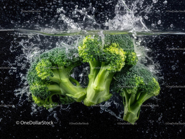 Fresh Green Broccoli Florets in Water Splash Artistic Composition