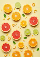 Fresh Citrus Slices with Mint Leaves on Yellow Background
