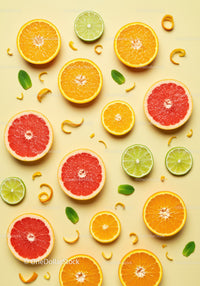 Fresh Citrus Slices with Mint Leaves on Yellow Background